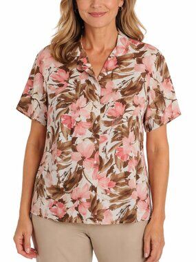 Alfred Dunner White Brown White Floral Short Sleeve Button Up 18W Blouse